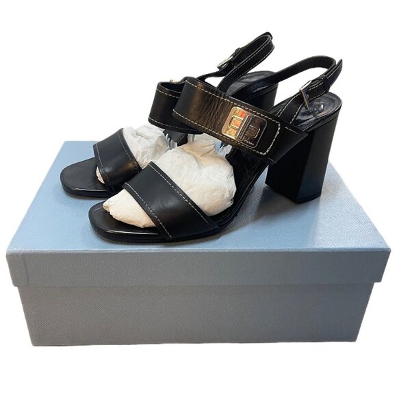 Prada Size 39.5 Leather Turnlock Slingback Sandals Black Block Heel Minimalist - Picture 11 of 15